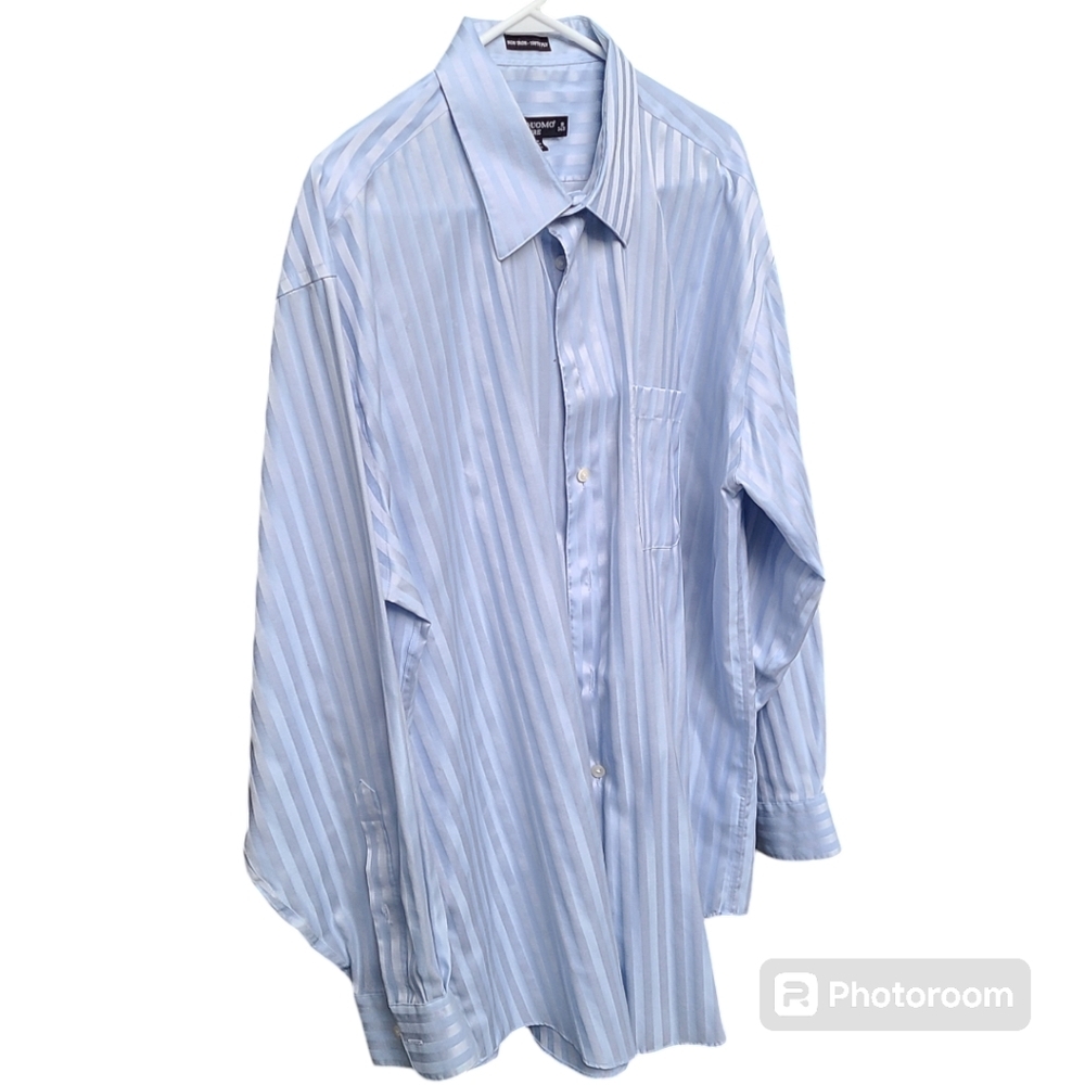 Pronto uomo‎ couture dress shirt mens 18 34/35 silver stripes light blue EUC